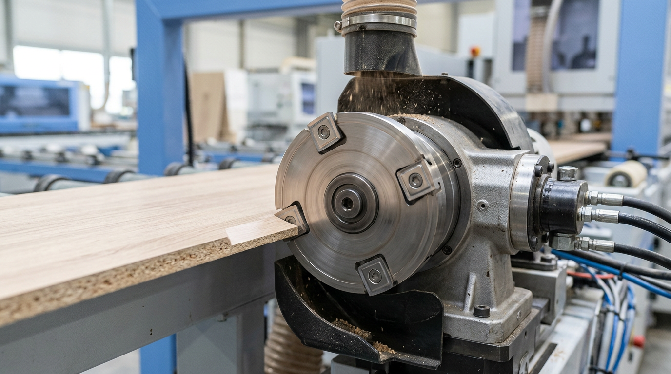 pre-milling cutter for edge banding machine with PCD inserts trimming a clean panel edge