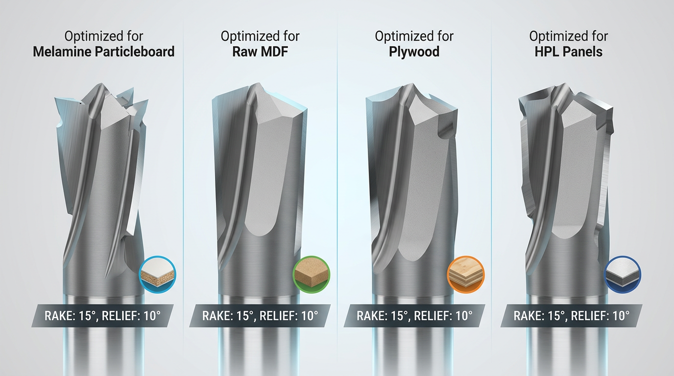 Pre-milling cutter geometry comparison showing rake and relief angles for melamine MDF plywood and HPL panels