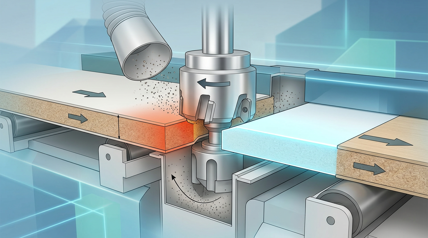 Pre-milling cutter removing material from panel edge before edge banding adhesive application