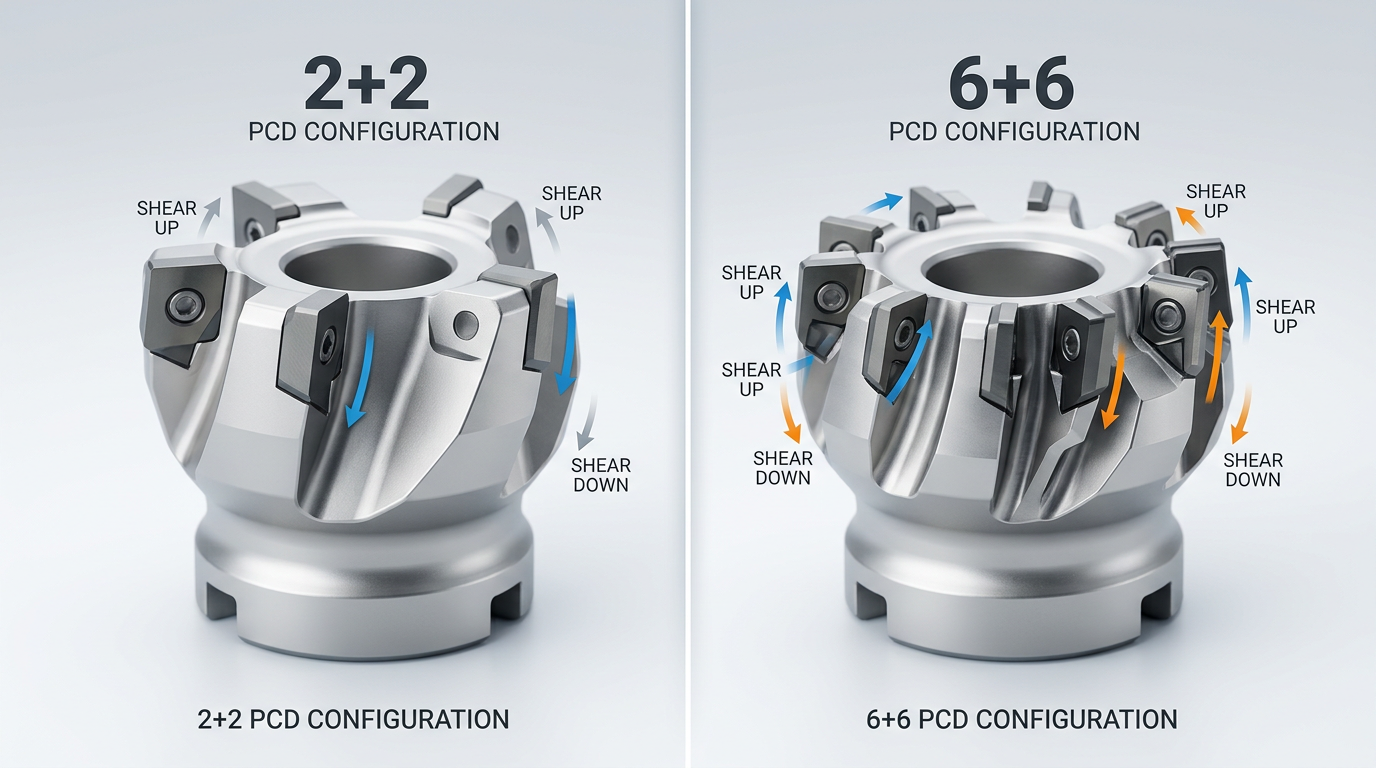 2+2 versus 6+6 diamond pre-milling cutter tooth configuration comparison for woodworking edge banding