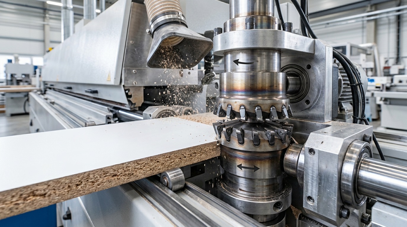 diamond pre-milling cutter for woodworking mounted on edge banding machine trimming panel edge