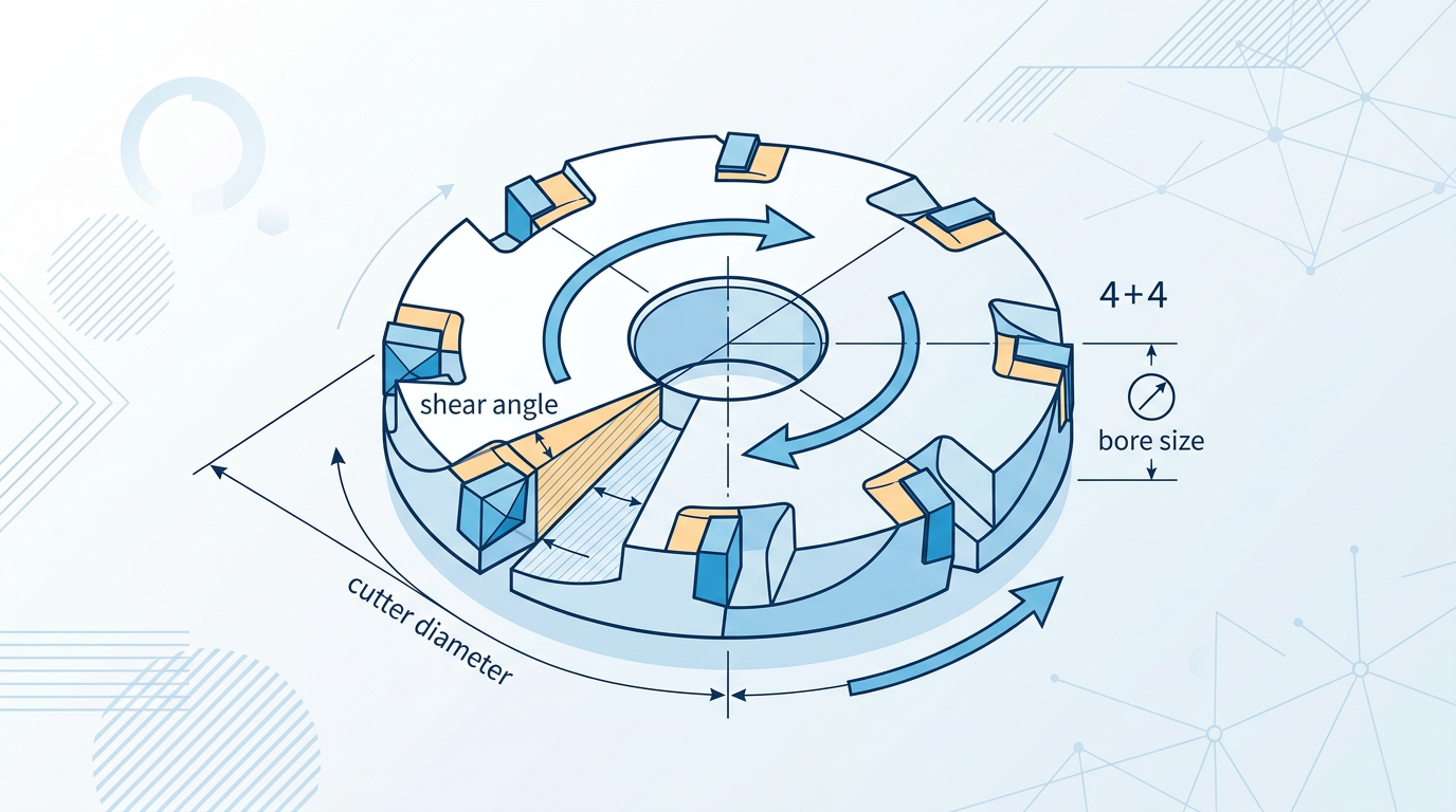 diamond pre-milling cutter technical parameters diagram showing tooth count shear angle bore size and rotation direction