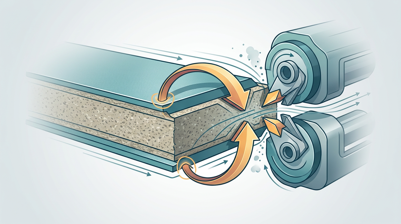 Diamond pre-milling cutter shear angle diagram showing opposing positive and negative geometry scoring top and bottom laminate on melamine panel