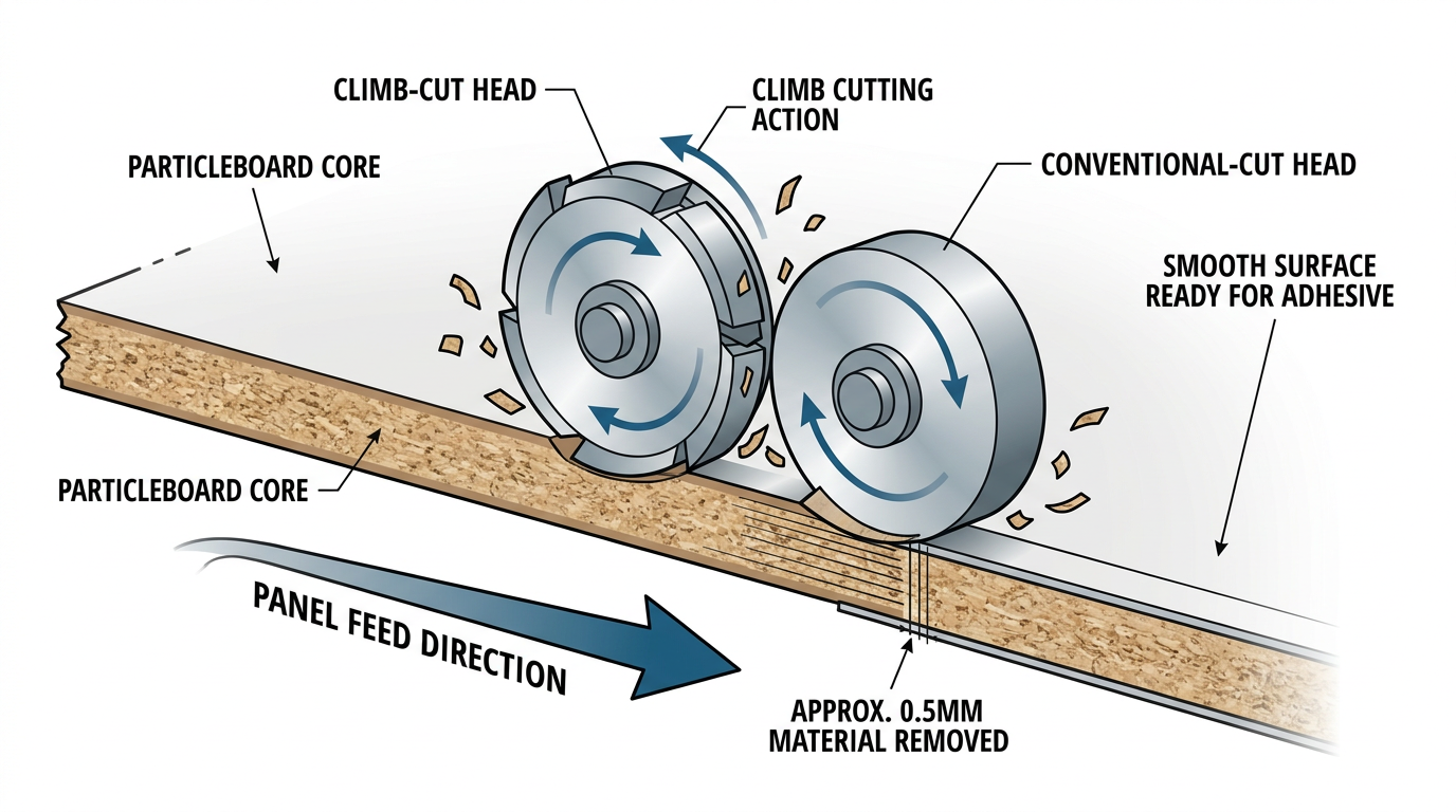 Pre-milling cutter trimming panel edge on edge banding machine before adhesive application