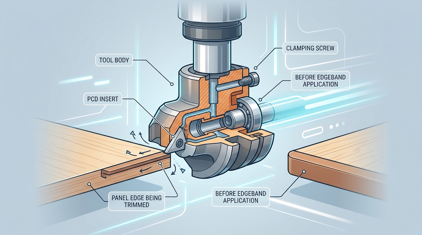 Pre-milling cutter head assembly diagram showing PCD inserts trimming a panel edge before edgebanding