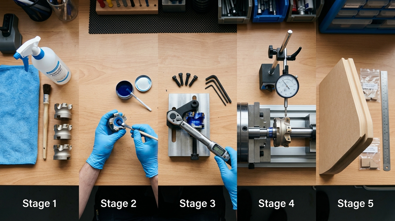 Five critical steps of pre-milling cutter head assembly shown in sequence on a workshop bench
