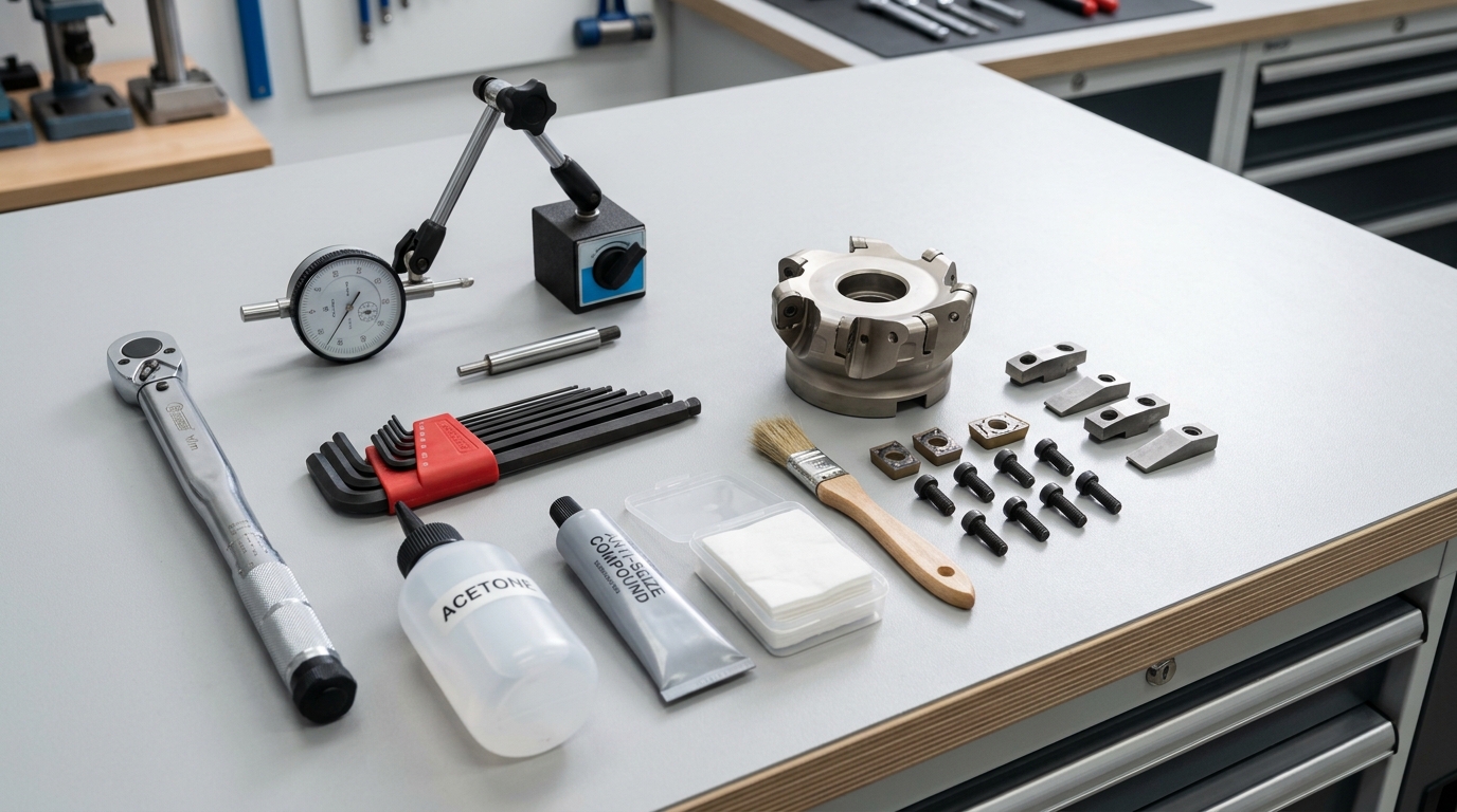 Essential tools for pre-milling cutter head assembly including calibrated torque wrench and dial indicator