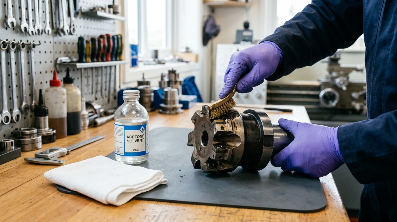 Cleaning insert pockets during pre-milling cutter head assembly with brass brush and solvent