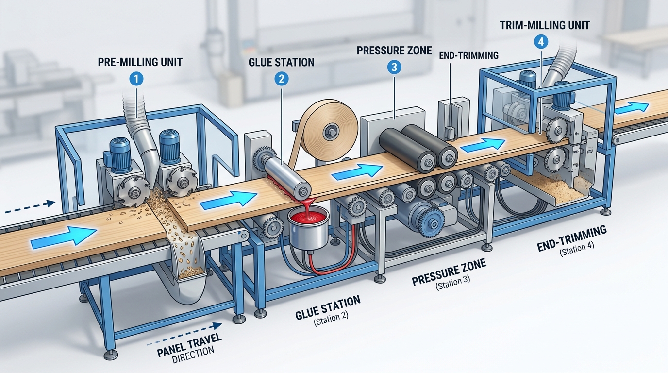 pre-milling cutter vs edge banding cutter positions on edgebander machine diagram