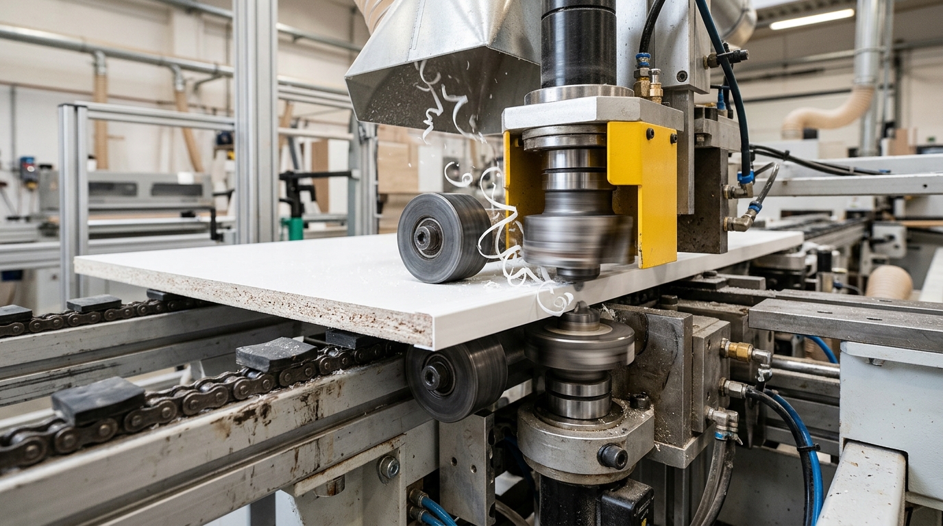 edge banding trimming cutter flush trim heads removing excess PVC banding from melamine panel