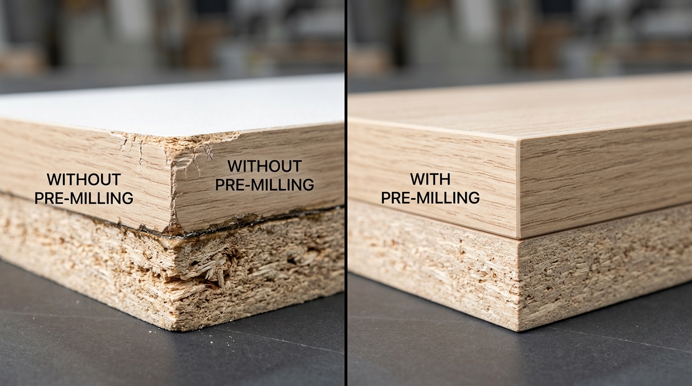 pre-milling cutter vs edge banding cutter joint line finish comparison on melamine particleboard