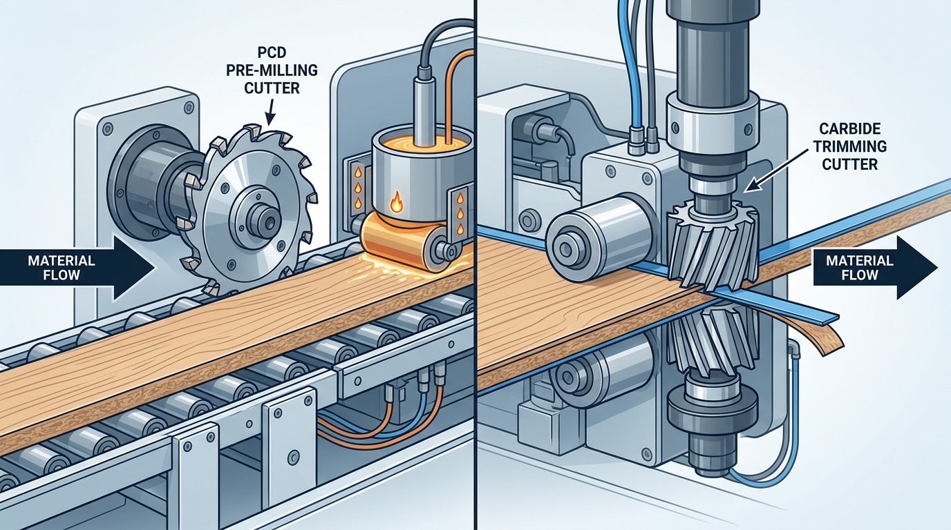 pre-milling cutter vs edge banding trimming cutter positions on an edgebanding machine