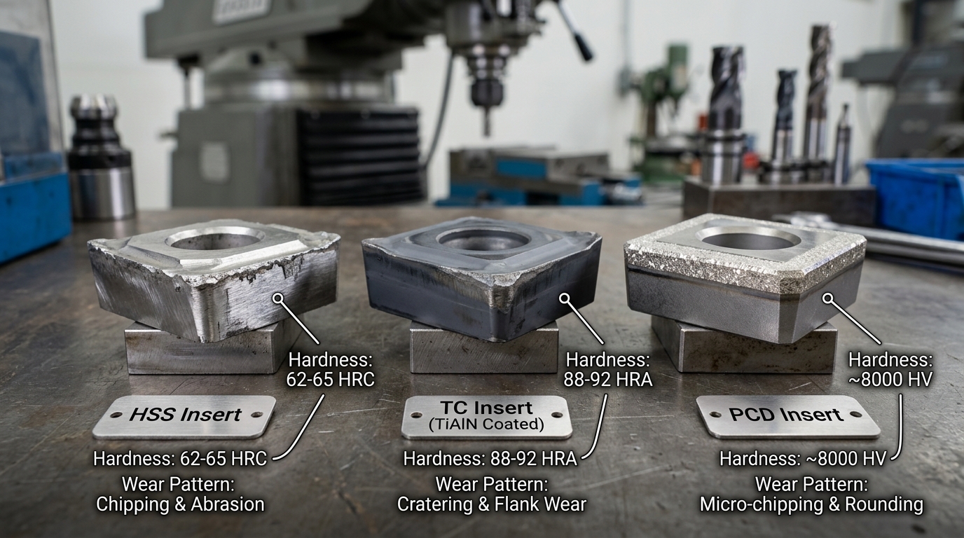 PCD vs carbide vs HSS pre-milling cutter inserts compared side by side for woodworking edgebanders