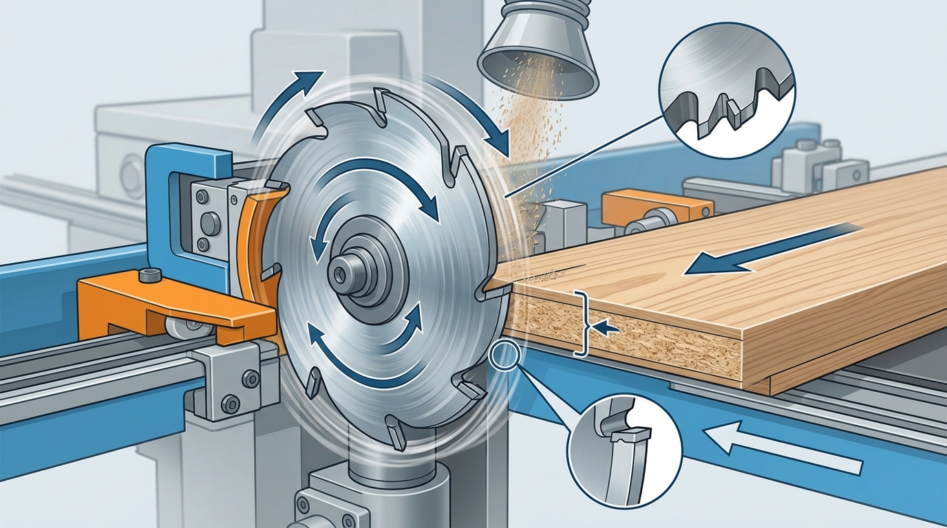 Pre-milling cutter on edgebanding machine trimming panel edge before tape application in woodworking