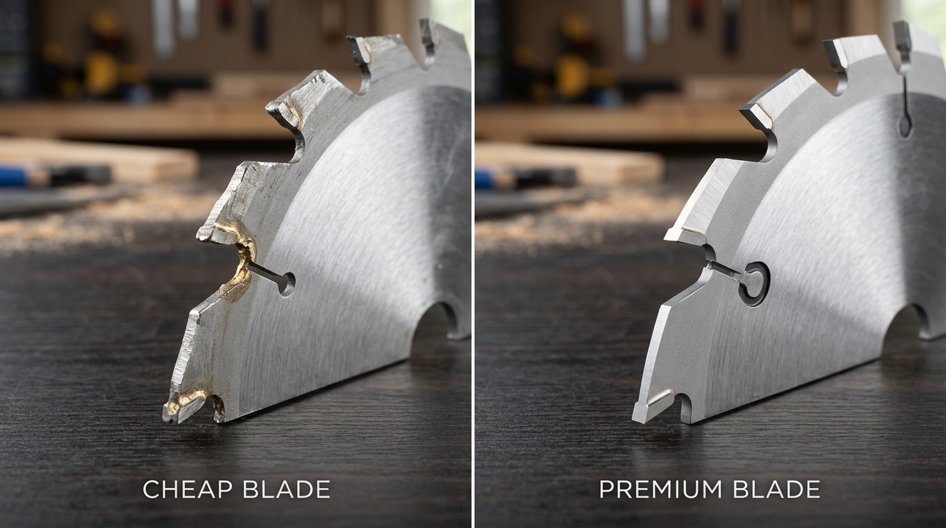 cheap vs expensive circular saw blade difference in carbide tooth quality and plate design