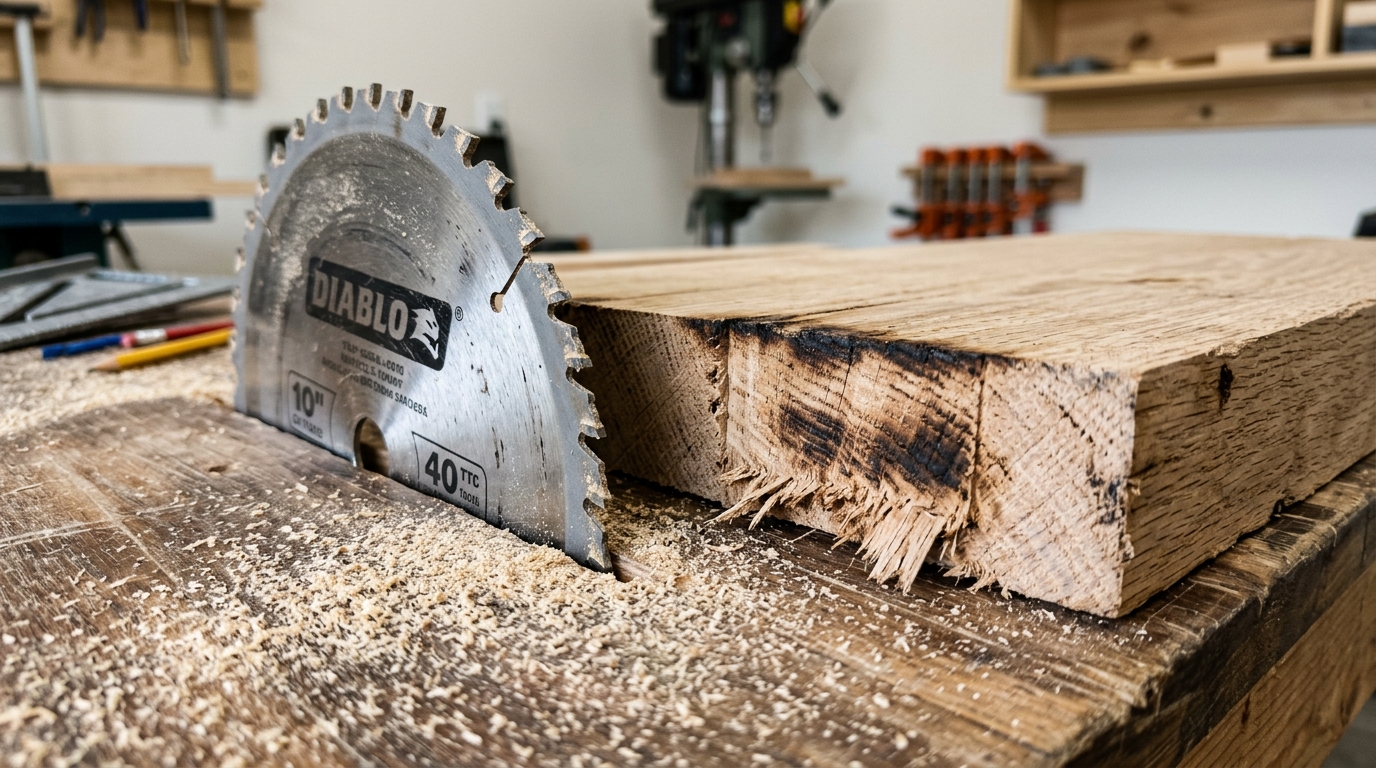 Dull circular saw blade symptoms including burn marks on wood and powdery sawdust indicating blade needs sharpening
