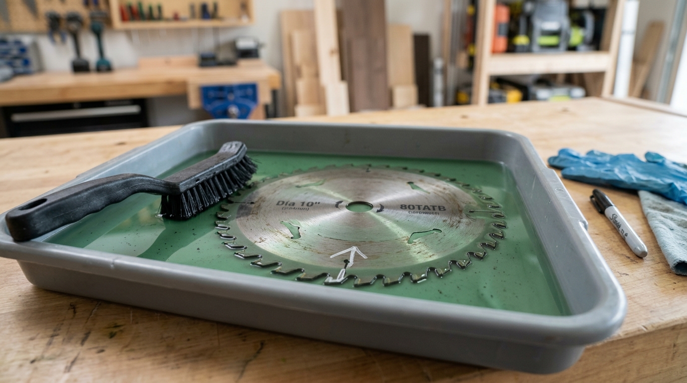 Cleaning a circular saw blade before sharpening with Simple Green solution and marking starting tooth