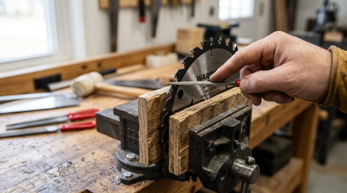 Hand sharpening circular saw blade for wood with diamond file in bench vise