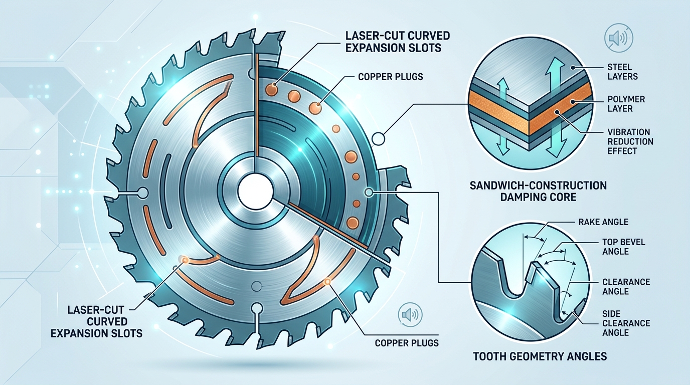 Silent Saw Blades engineering cutaway showing laser slots, copper plugs, and damping core