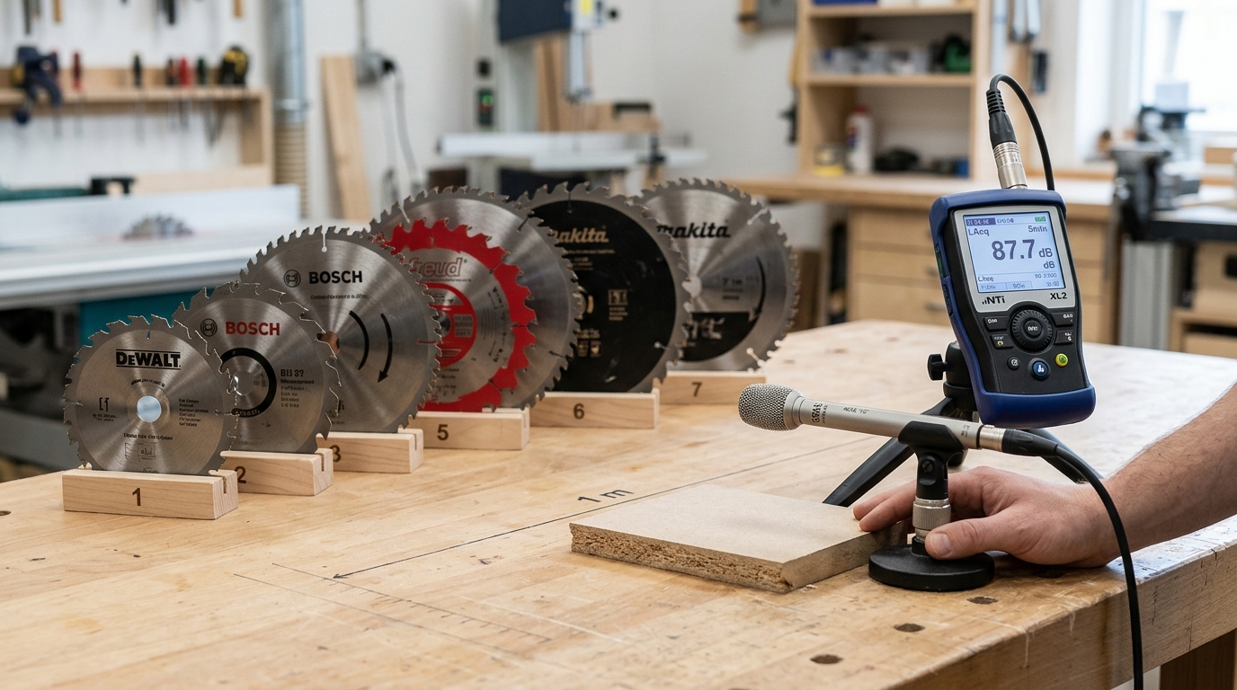 Silent Saw Blades decibel test bench comparison with sound level meter readings