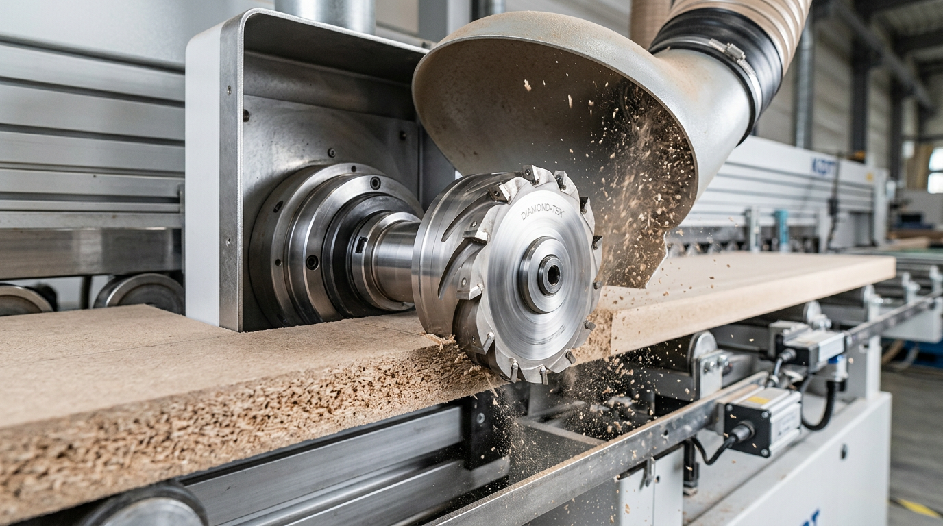 PCD pre-milling cutter removing saw marks from MDF edge on high-speed edgebanding line