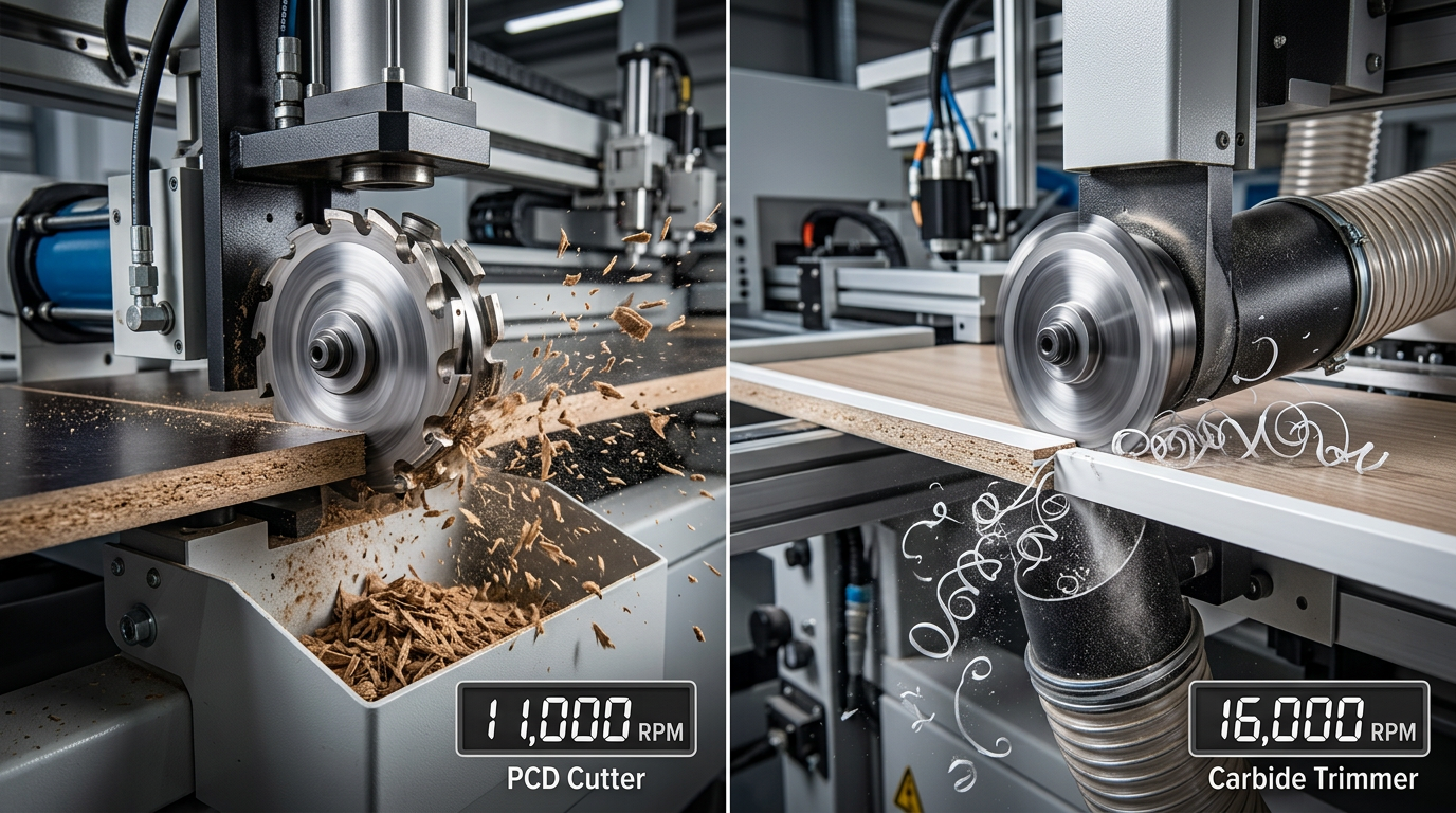 RPM and chip load comparison between pre-milling and edge banding cutters on production edgebander