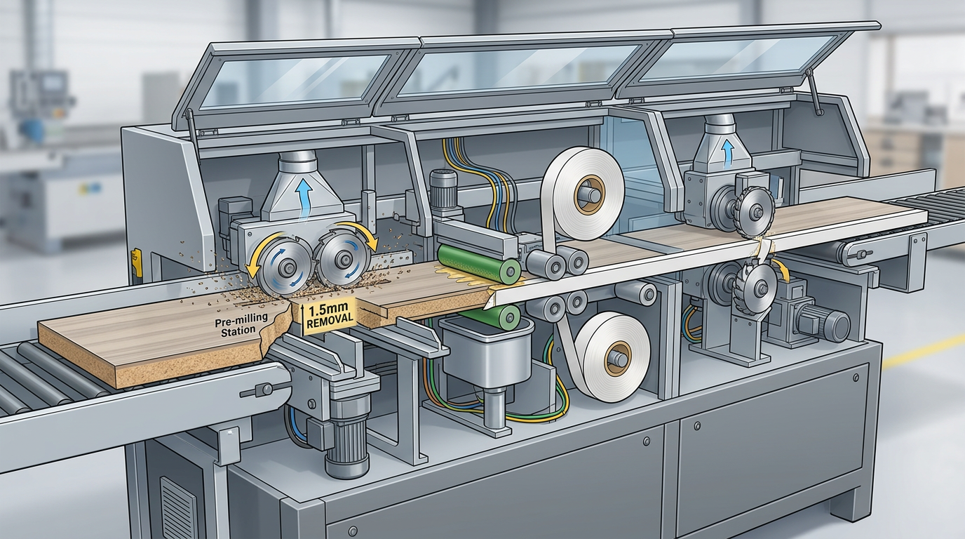 Pre-milling and edge banding cutter positions on edgebander showing 5 critical differences in station order
