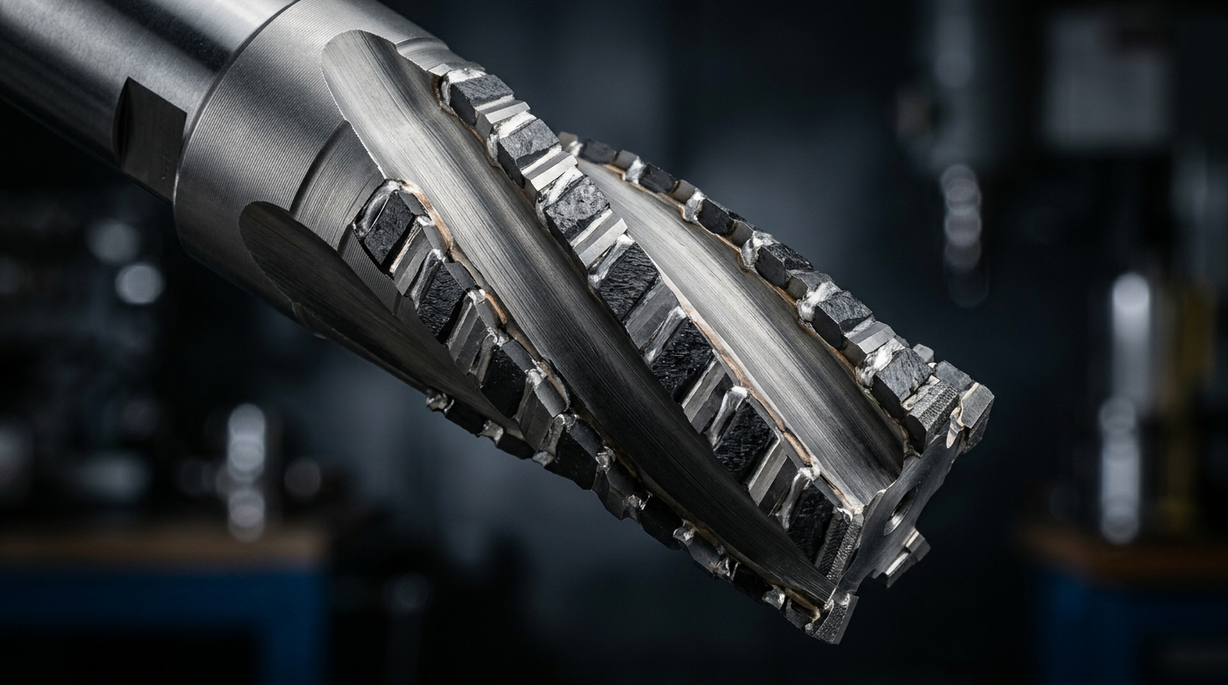 PCD pre-milling cutter geometry with 3+3 segmented shear-angle tips for edge banding