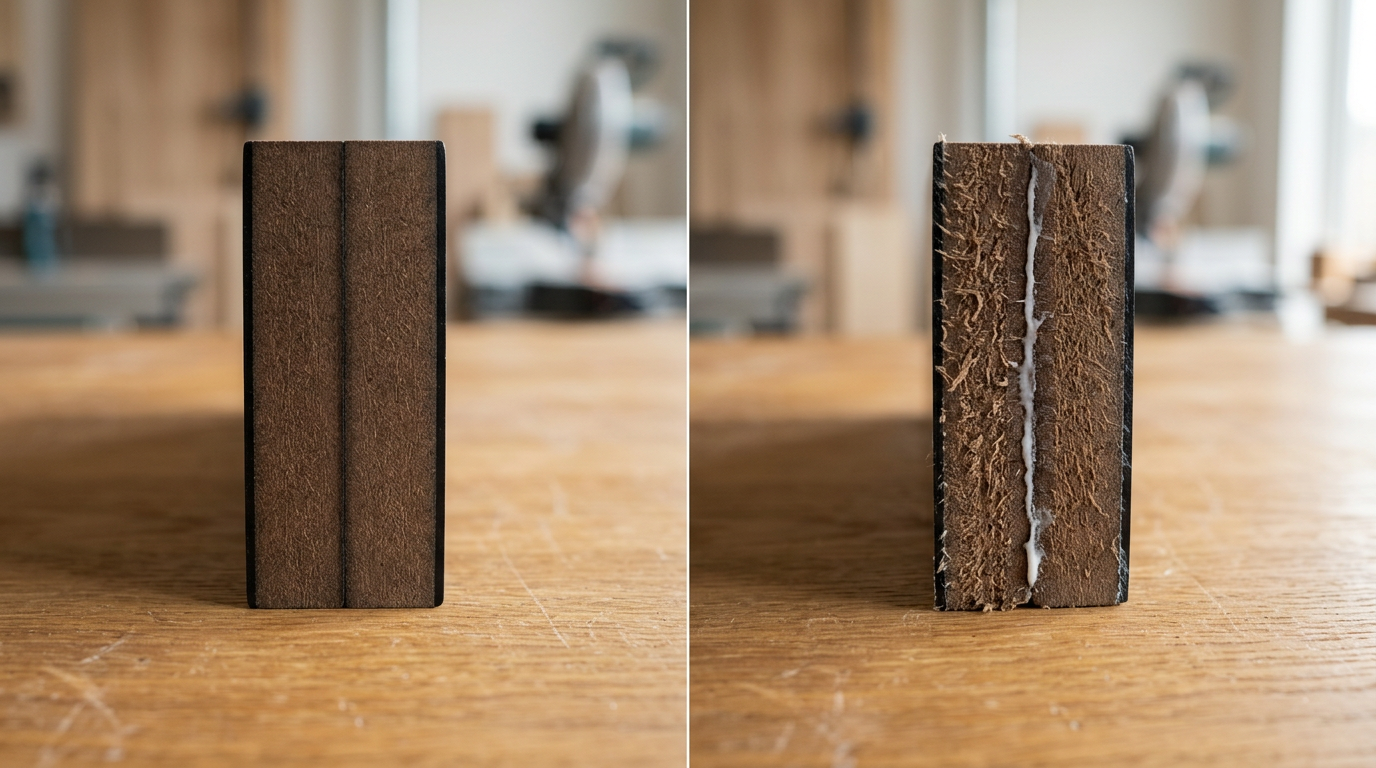 Comparison of acceptable versus unacceptable edge finish showing signs you need to replace edgebander pre-milling cutters