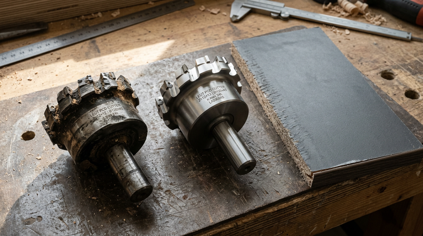 Signs you need to replace edgebander pre-milling cutters shown on worn PCD tool and panel sample