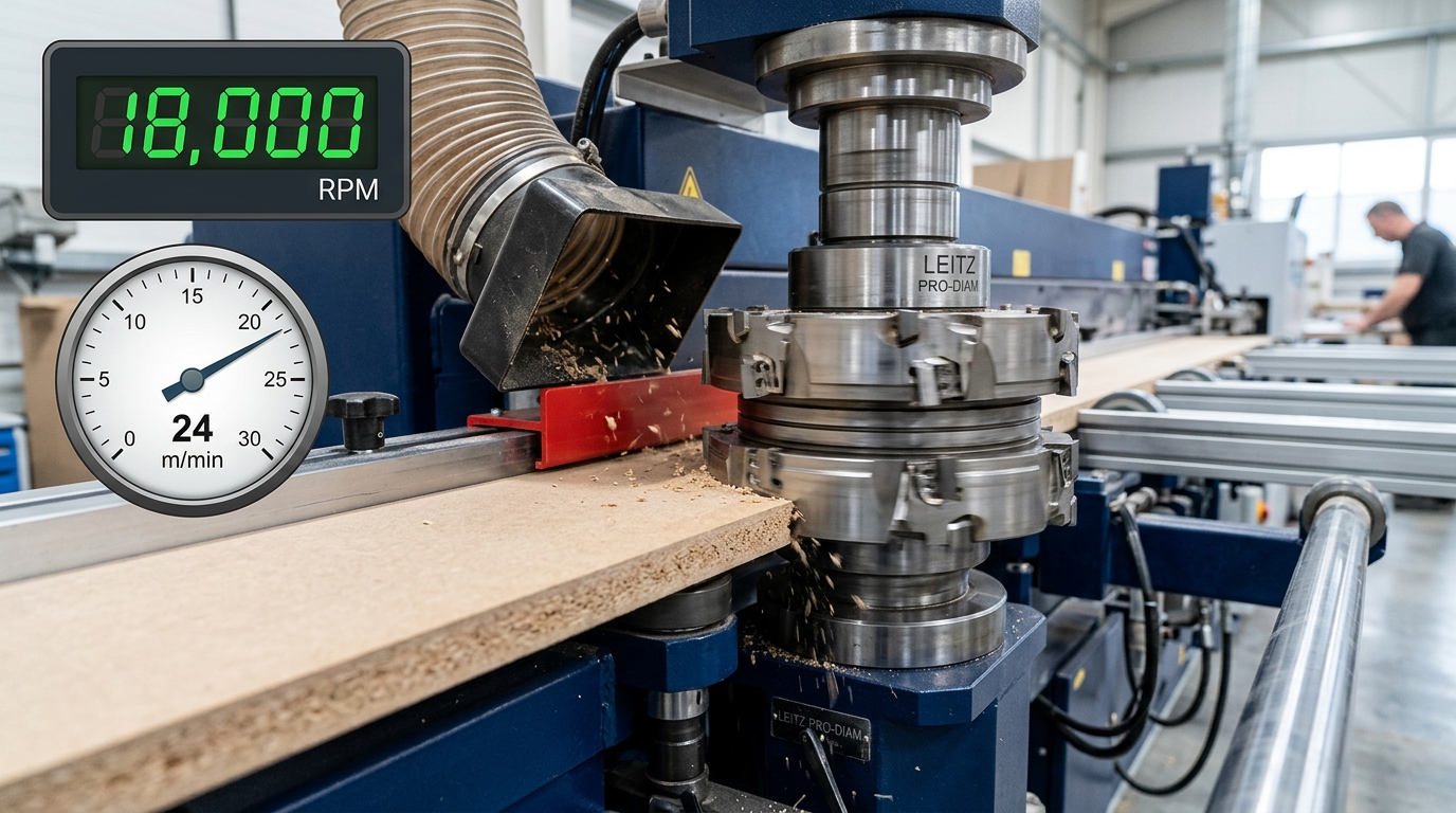 3 tested RPM and feed rate formulas for pre-milling MDF shown on PCD cutter with live machine readout