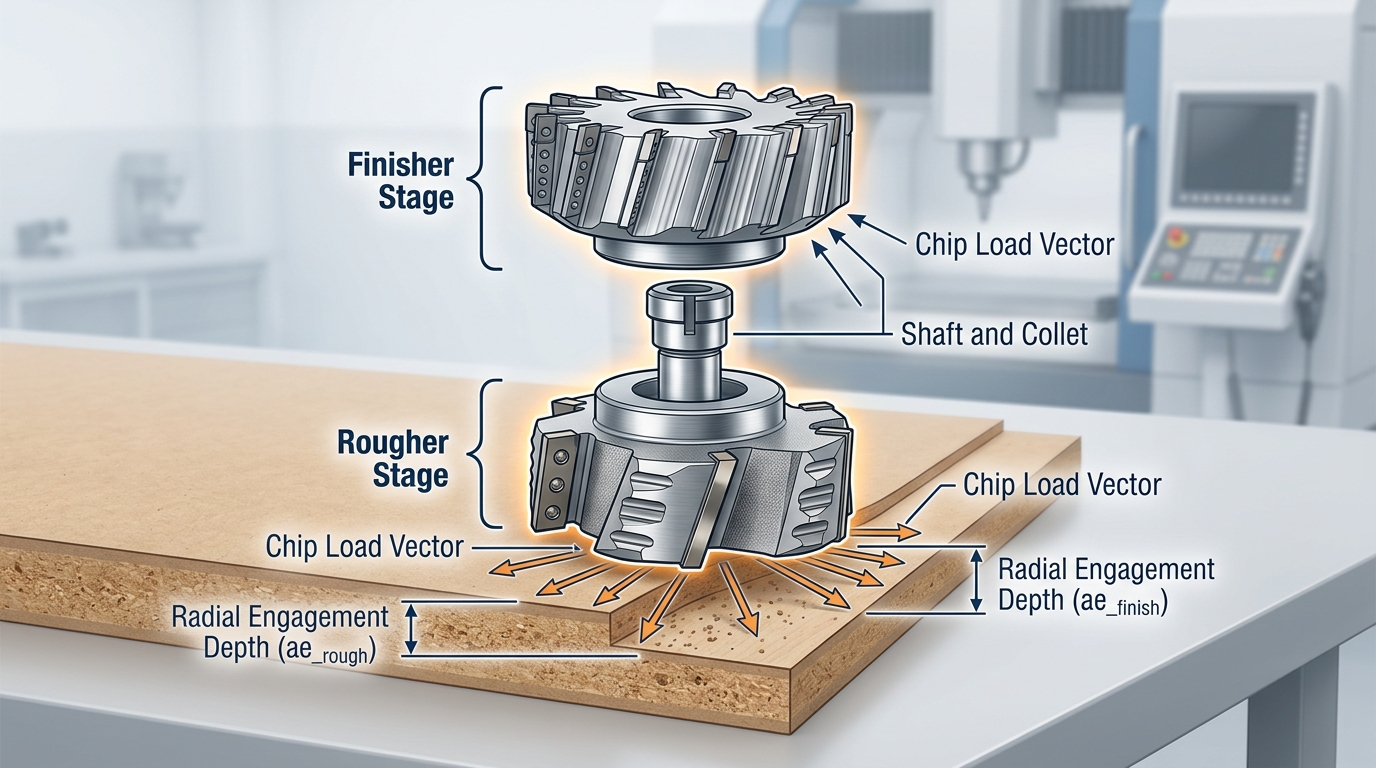 Two-stage pre-mill cutter stack chip load calculation for MDF edgebanding