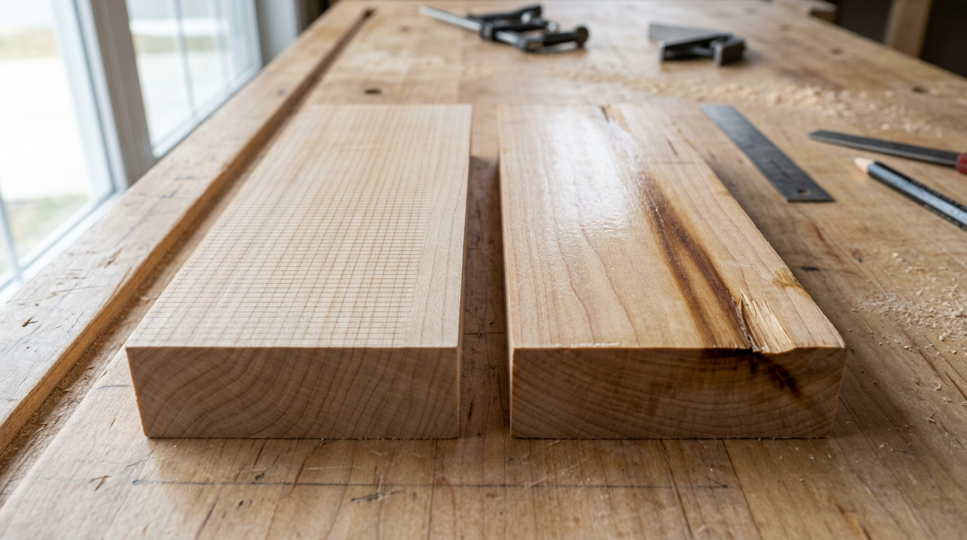 ATB vs FTG saw blade teeth compared on ripped 8/4 hard maple showing burn marks and surface finish