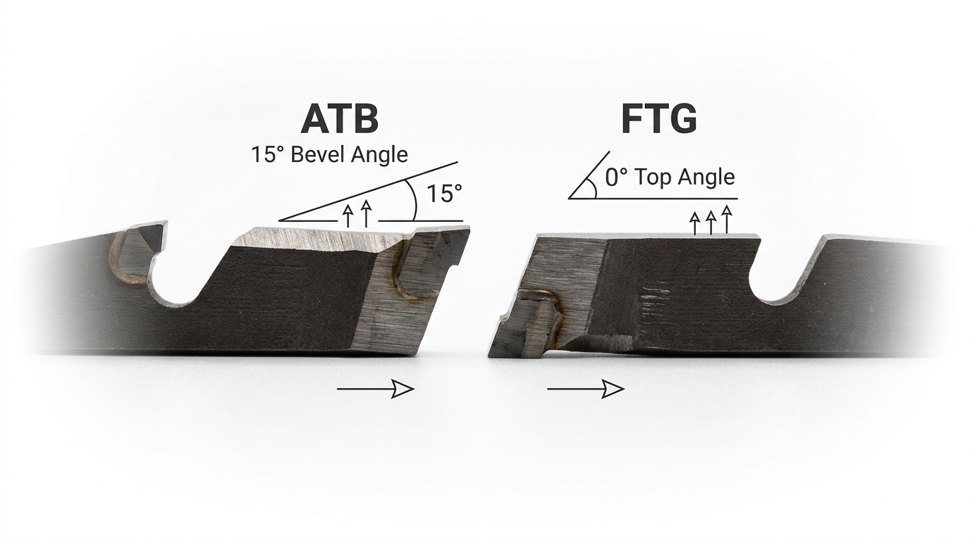 ATB vs FTG saw blade teeth geometry comparison showing bevel angle versus flat top grind