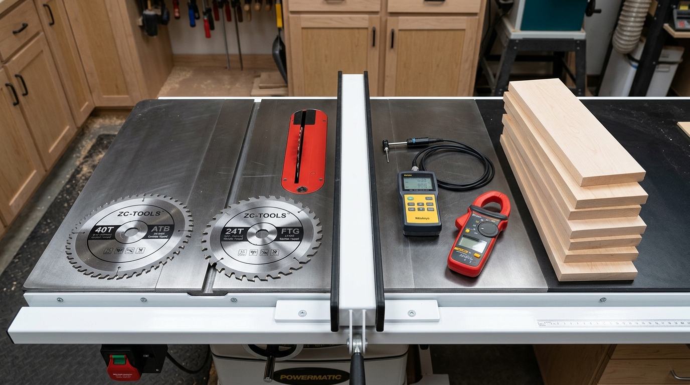 ZC-TOOLS ATB vs FTG saw blade teeth test setup with measurement instruments