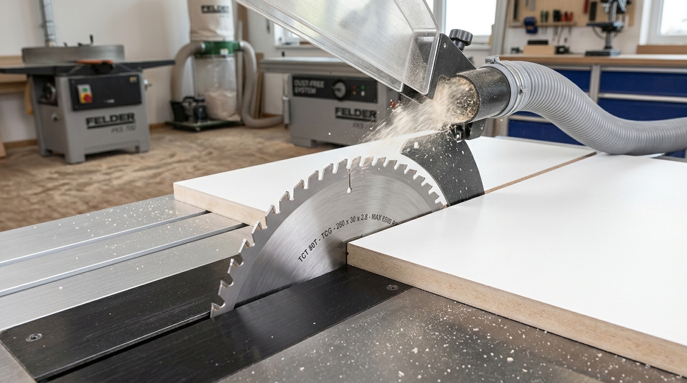 80-tooth TCT TCG saw blade making a clean cut in MDF panel