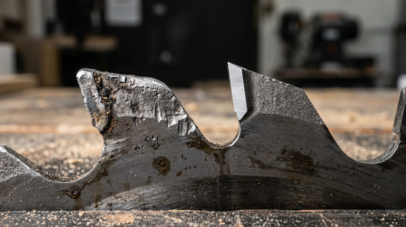 Why MDF dulls saw blades — worn carbide tip microscope view