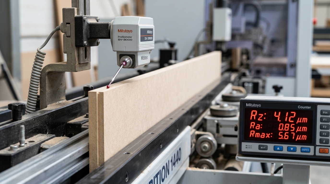 Shop testing the best pre-milling cutter for edgebanding machine performance with Mitutoyo profilometer on MDF panel