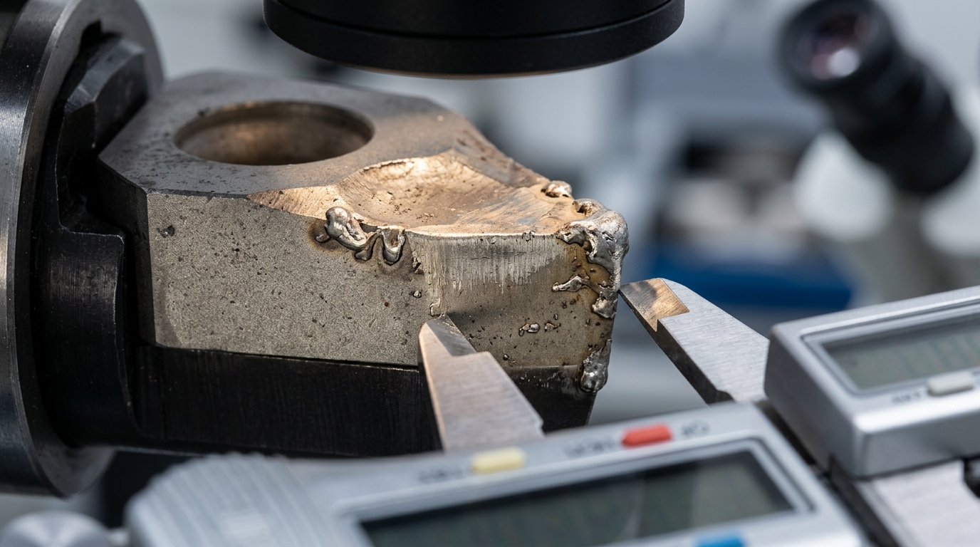 Four types of CNC tool wear mechanisms visible on a carbide cutting insert