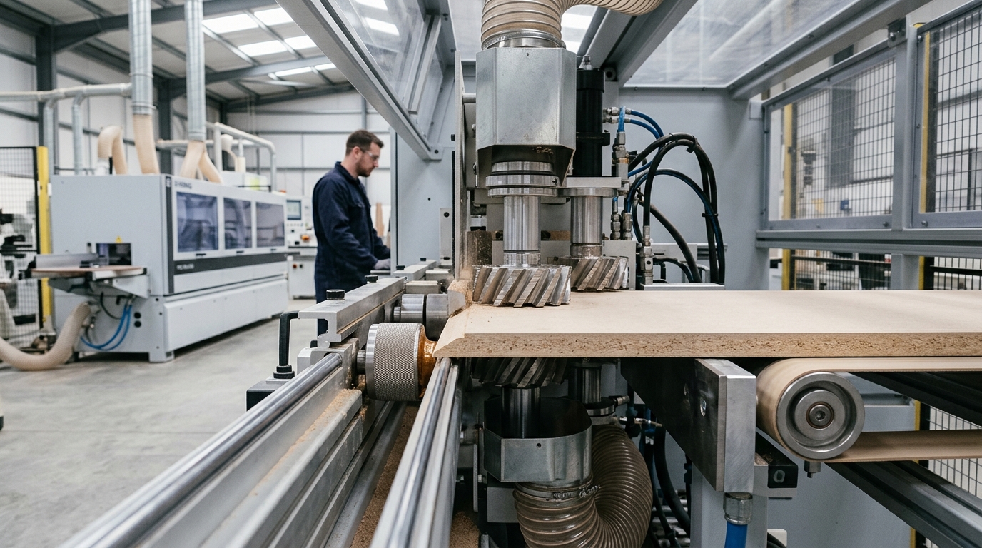 Pre-milling cutter twin-spindle configuration on edgebander infeed diagram