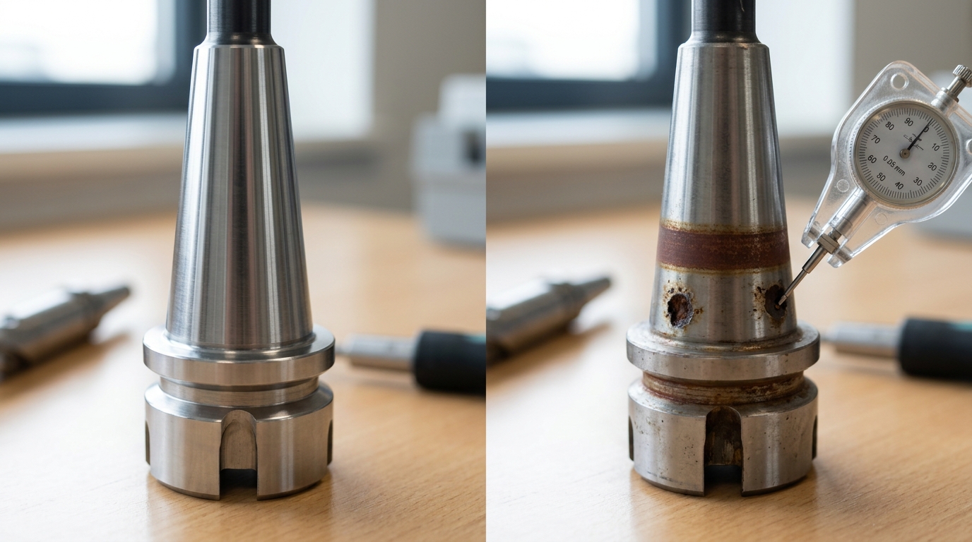 Pre-milling cutter head taper inspection showing fretting corrosion and rust pitting that force scrap decision