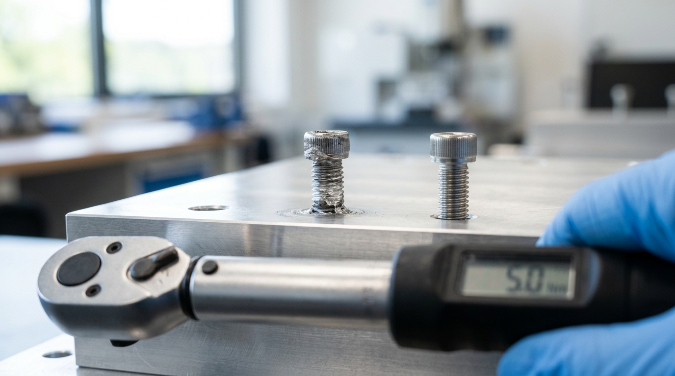 Thread galling failure on M5 ball-ended thrust screw from skipped pre-seat torque step in milling cutter head assembly