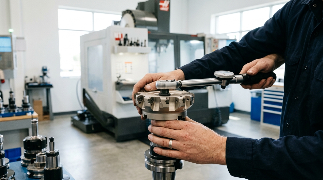 Mounting shell type cutter to HSK arbor with M12 retention bolt at 70 Nm torque — step 2 of pre-milling cutter head assembly