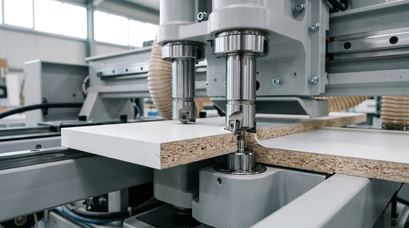 Pre-milling cutters removing saw marks from panel edge before edge banding