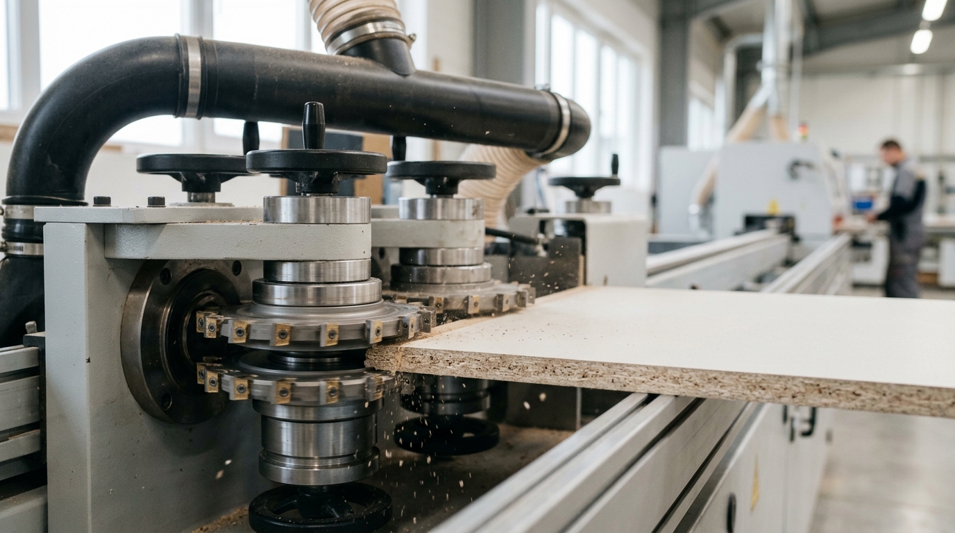pre-milling unit on edge bander cutting particleboard panel edge