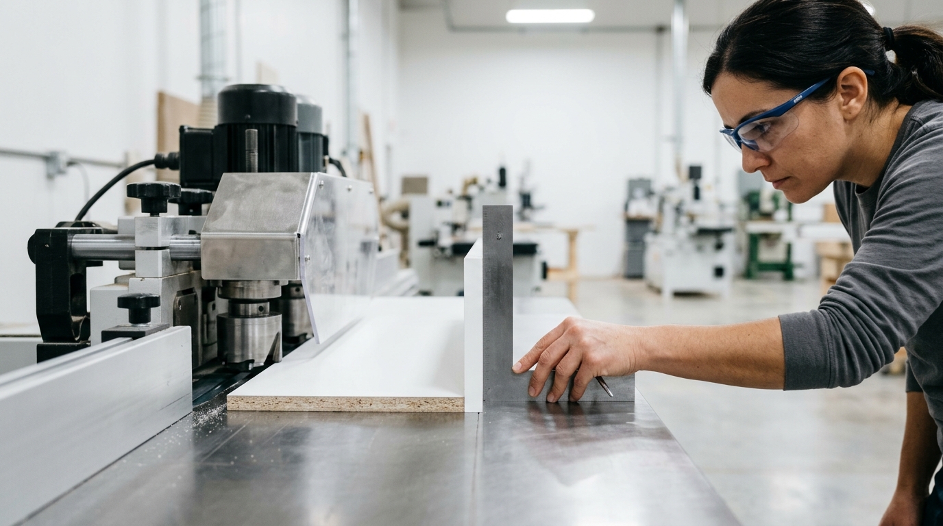 pre-milling unit creating vertical 90-degree burr-free edge on melamine panel verified with machinist square