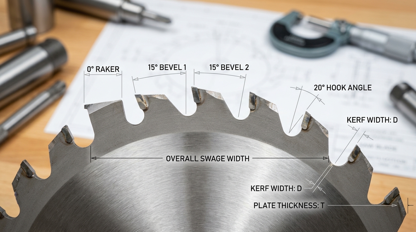combination saw blade ATB raker tooth pattern diagram showing 4 plus 1 tooth geometry with bevel angles and kerf dimensions
