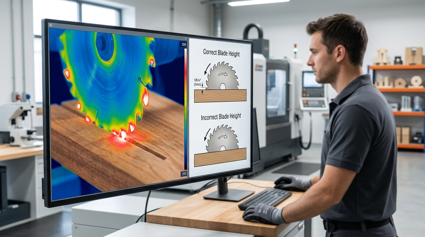 Heat buildup on a combination saw blade from overheating during ripping and a comparison of correct and incorrect blade height settings for clean crosscuts