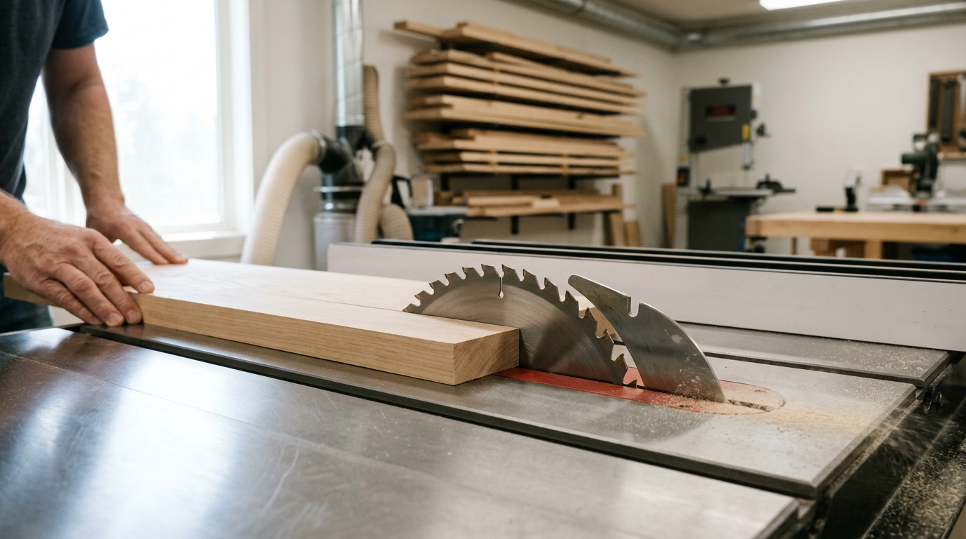 Table saw blade with riving knife preventing wood burning
