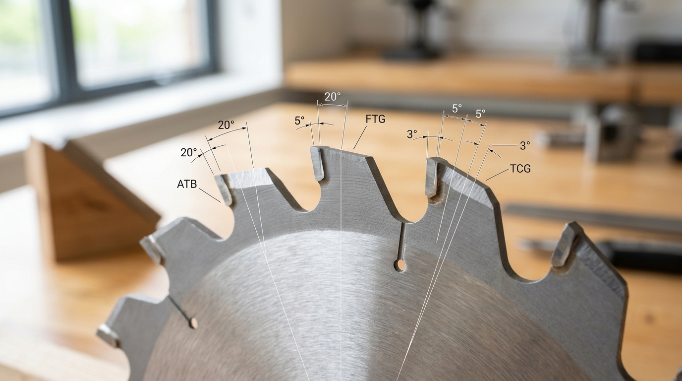 ATB vs FTG vs TCG tooth geometry comparison on saw blade for burn-free wood cutting